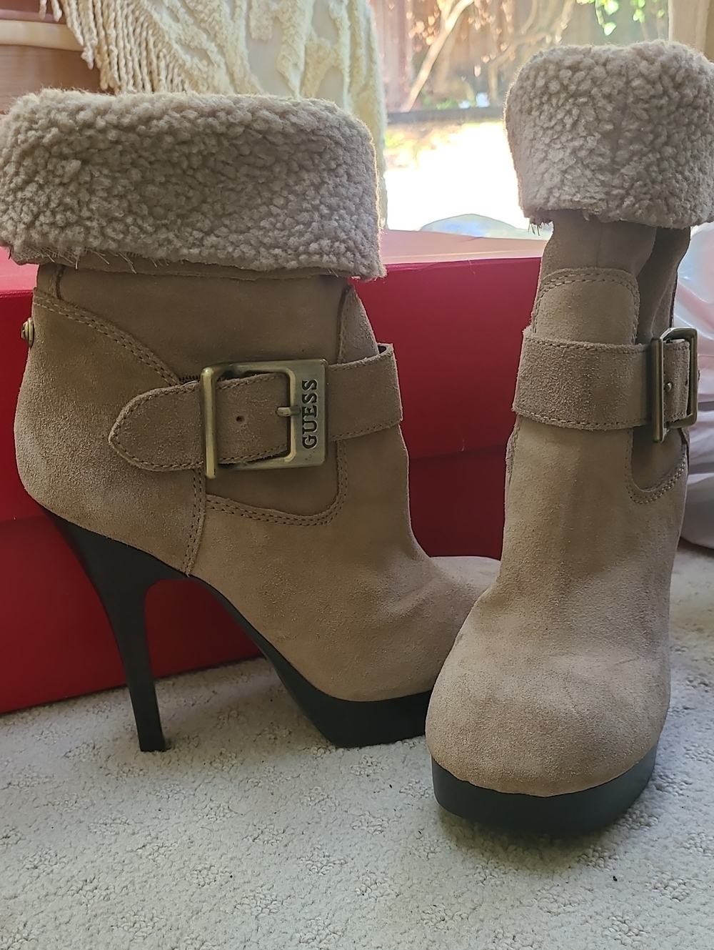 GUESS Tan Genuine Suede Shearling-Cuff High Heel Ankle Boots Modified 7.5